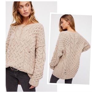 Free People Beige *Distressed Chunky Knit Sweater
